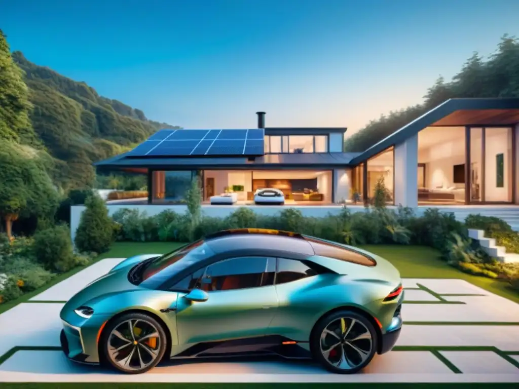 Viviendas ecológicas de lujo modernas con paneles solares, jardín verde y auto eléctrico cargando