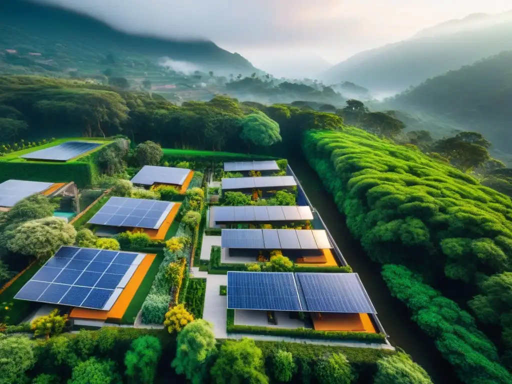 Viviendas ecológicas en armonía con la naturaleza, paneles solares, sistemas de recolección de agua y espacios verdes comunitarios