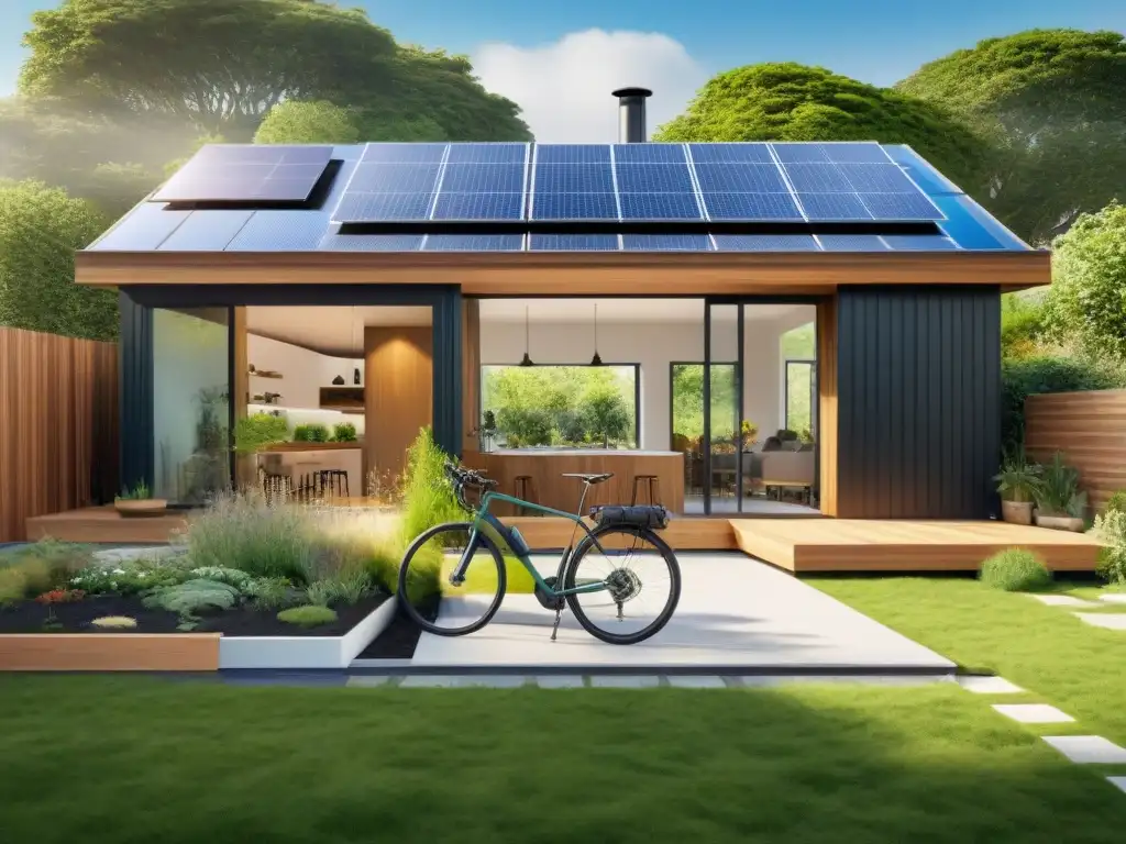 Viviendas ecológicas para un planeta sostenible: hogar moderno con paneles solares, jardín verde en el techo y prácticas sostenibles