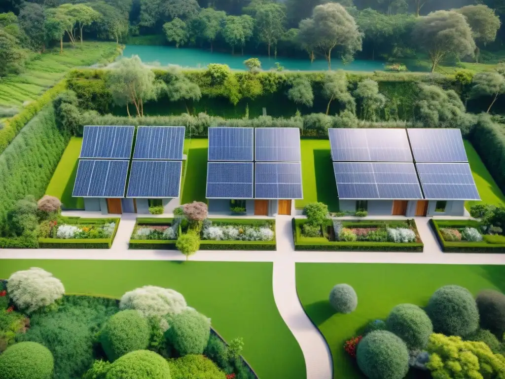 Viviendas ecológicas para un planeta sostenible: Comunidad armoniosa entre modernidad y naturaleza, con paneles solares y espacios verdes compartidos