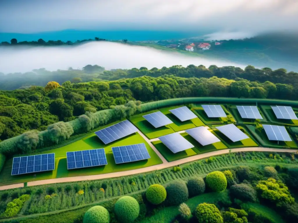 Viviendas ecológicas para un planeta sostenible: vista aérea de desarrollo moderno con paneles solares y diseño sostenible