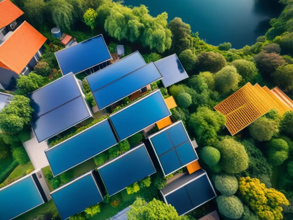 Viviendas ecológicas seguras en armonía con la naturaleza, con paneles solares y sistemas de recolección de agua de lluvia