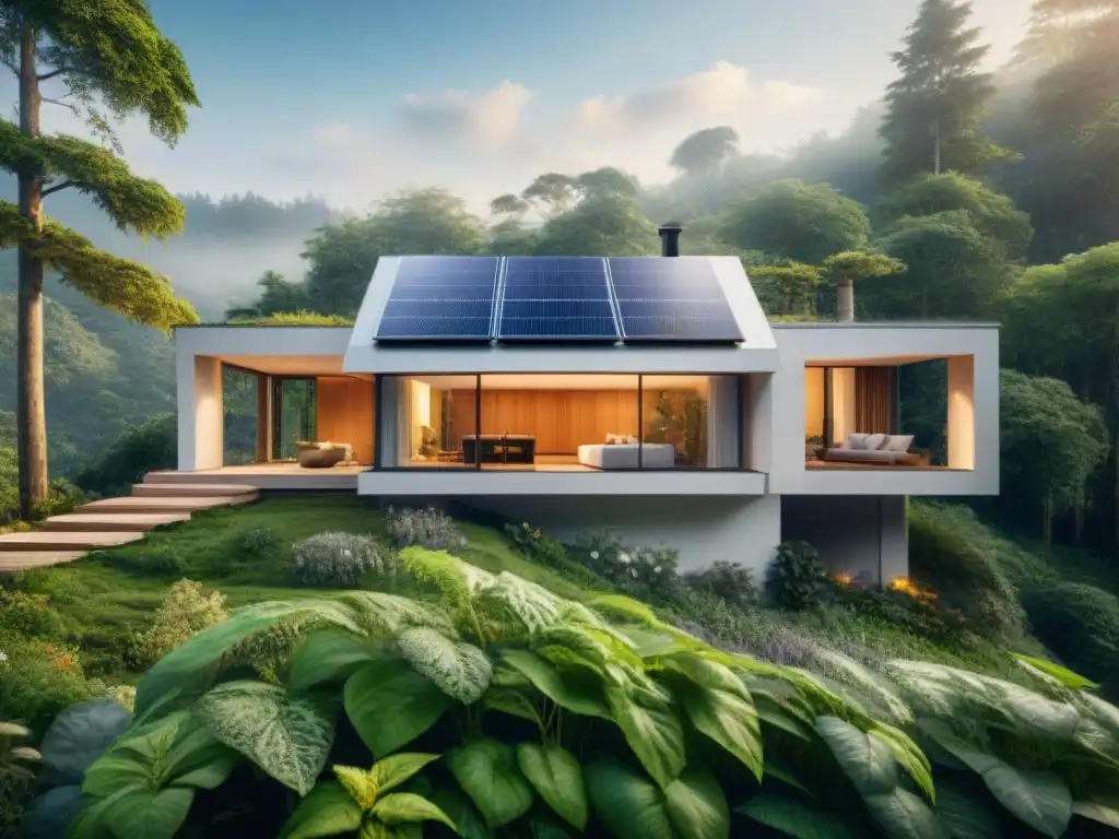 Promoción viviendas ecológicas seguros: Casa moderna y ecoamigable en bosque verde con paneles solares y sistema de recolección de agua