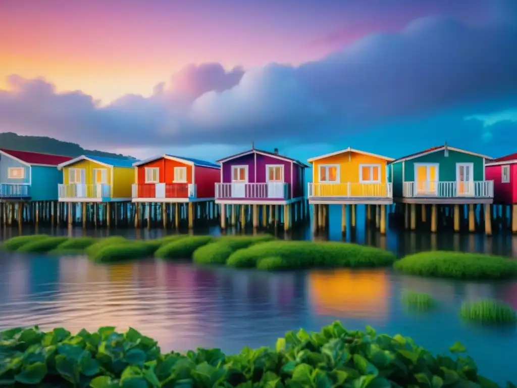 Viviendas sostenibles en áreas de riesgo: casas coloridas en pilotes frente al mar, con diseño ecoamigable y atardecer sereno