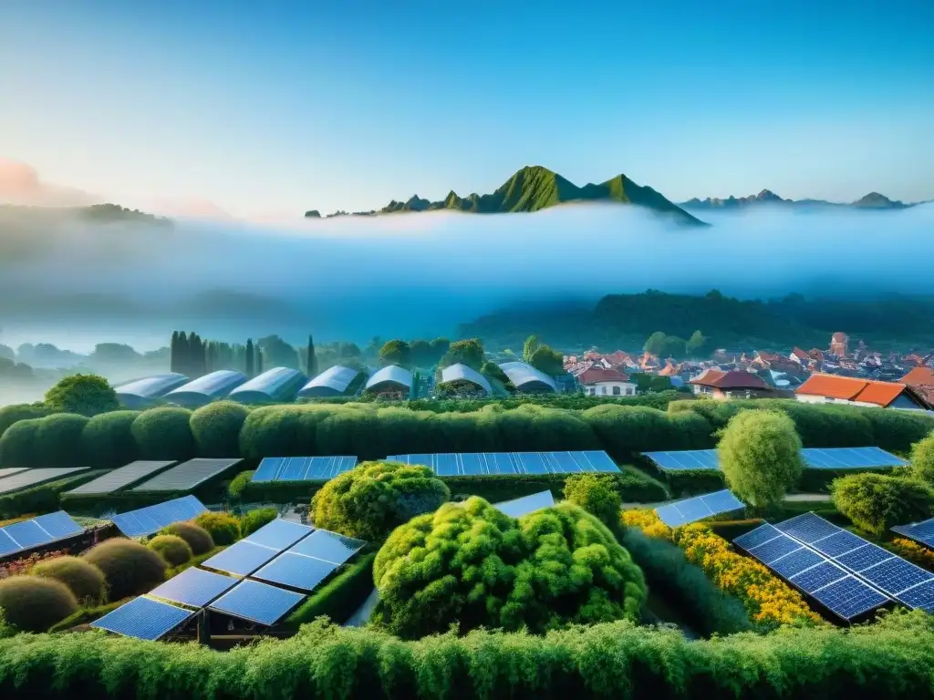 Viviendas sostenibles en una ciudad moderna rodeada de naturaleza, con personas realizando actividades ecoamigables