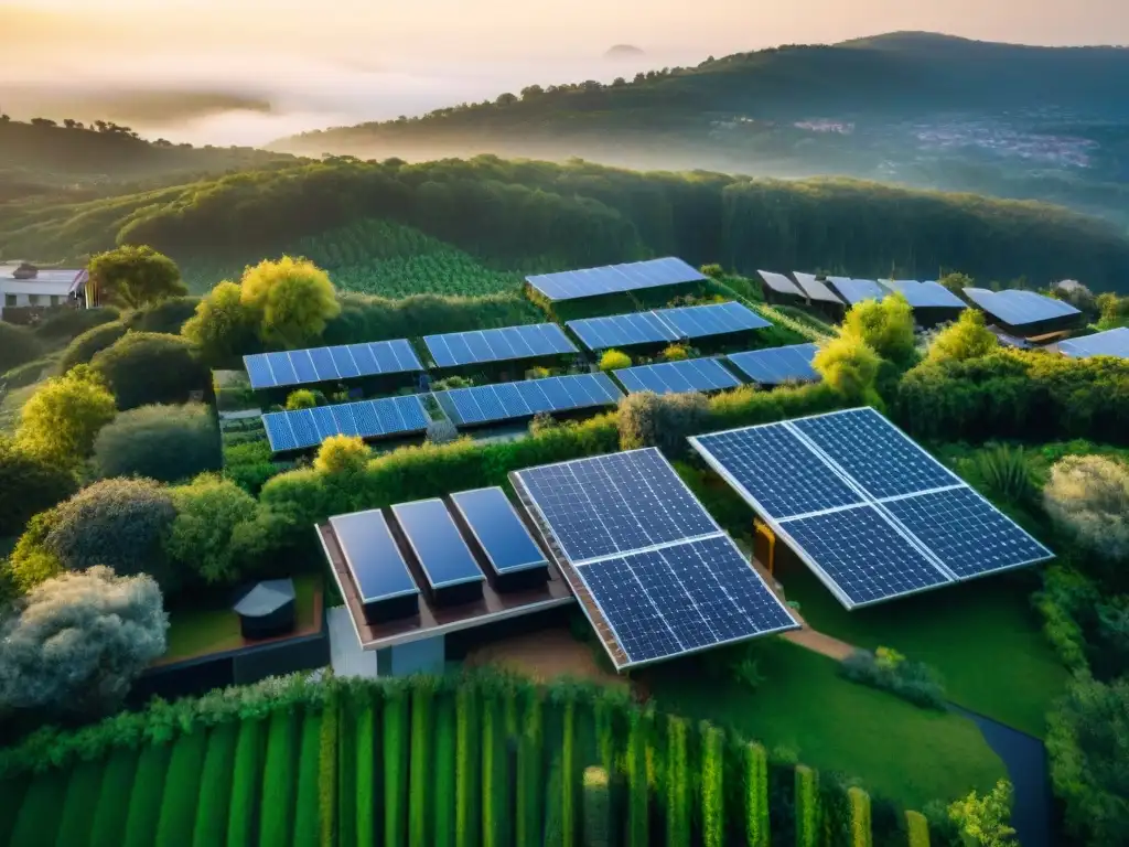 Viviendas sostenibles en comunidad entre naturaleza, paneles solares y jardines comunitarios al atardecer