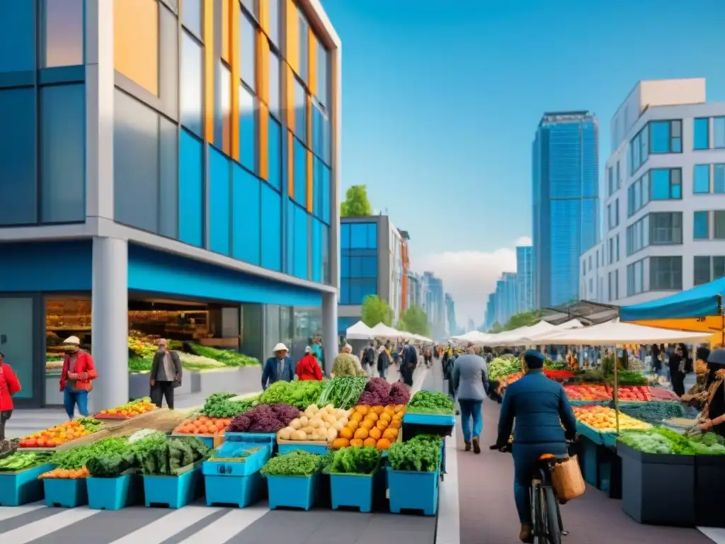 Vida sostenible en la ciudad: mercados, jardines y diversidad Viviendas sostenibles y diversidad en un bullicioso mercado urbano con productos frescos y compradores, bajo un cielo azul