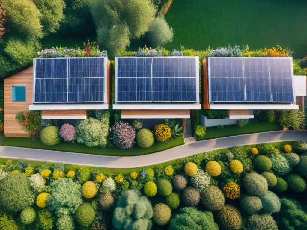 Viviendas sostenibles ejemplos reales: Desarrollo residencial ecológico con paneles solares, áreas verdes y actividades ecoamigables