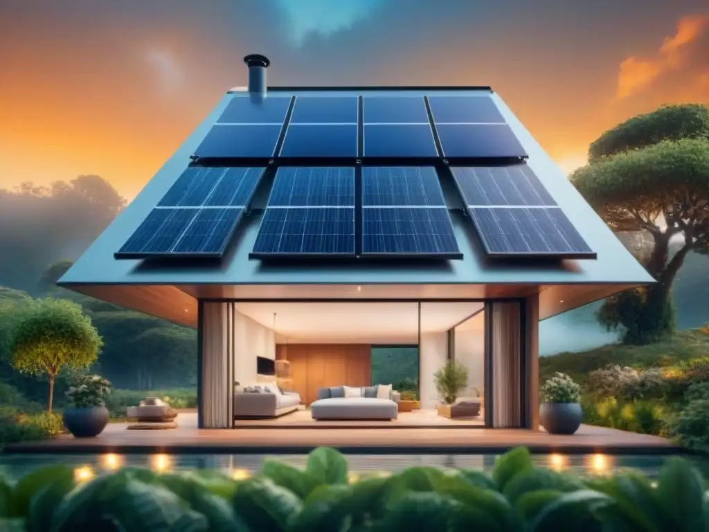 Viviendas sostenibles del futuro con IA: Casa futurista con paneles solares integrados y vegetación exuberante