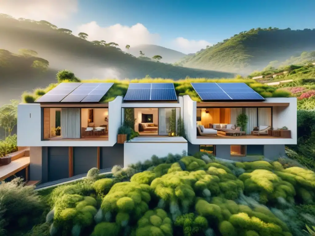 Viviendas sostenibles para un futuro verde: Complejo residencial moderno y ecológico con techos verdes, paneles solares y diseño innovador