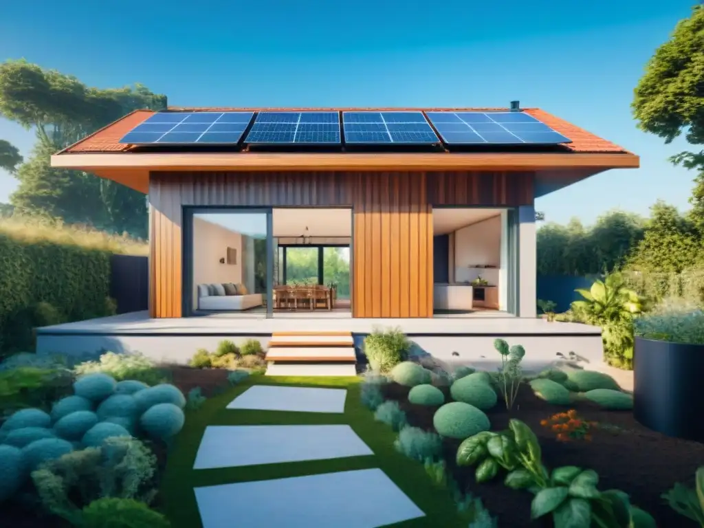 Viviendas sostenibles minimizan huella: Moderna casa con paneles solares, rodeada de vegetación y jardín ecológico