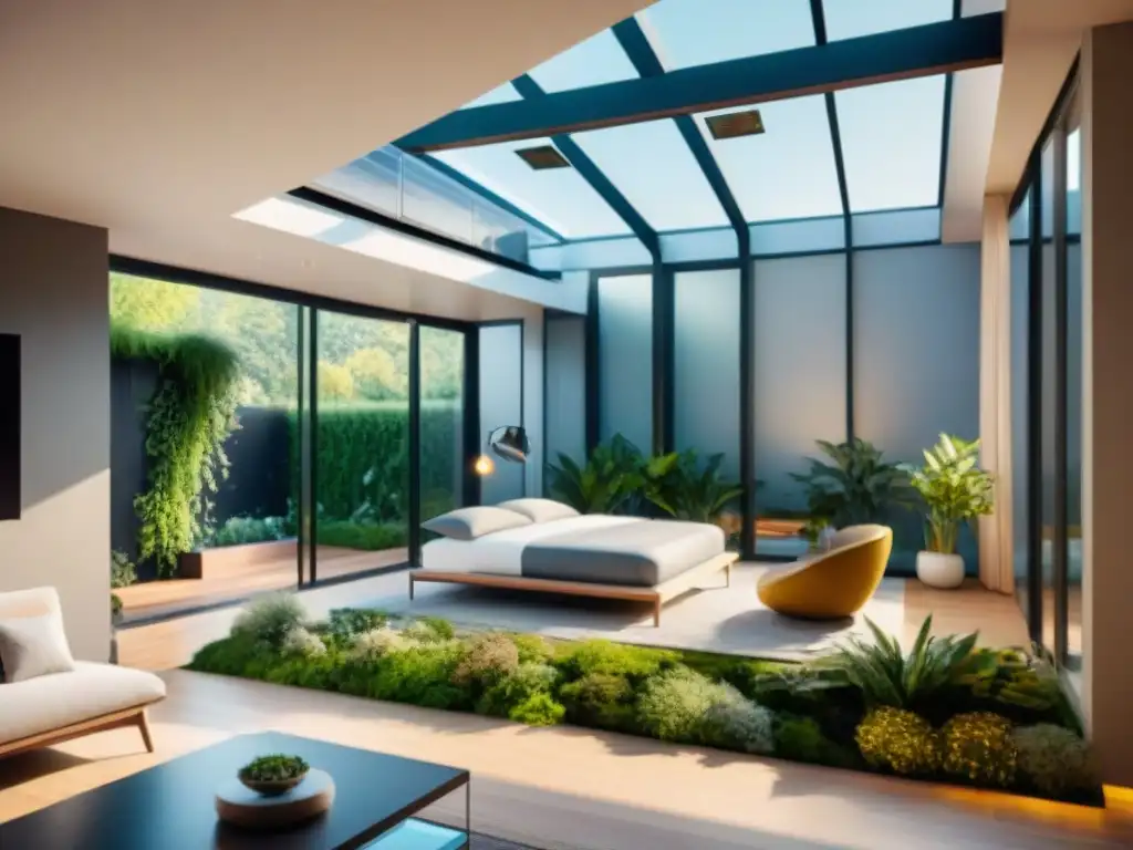 Viviendas sostenibles con inteligencia artificial: Casa futurista con paneles solares, jardín vertical y tecnología inteligente integrada