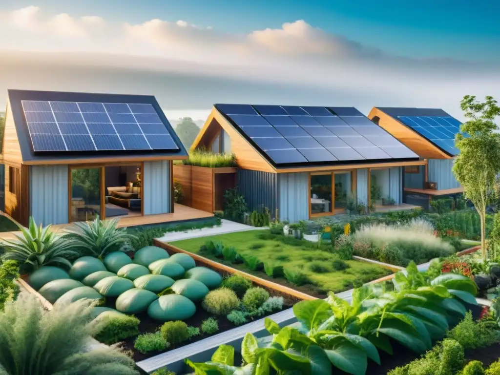 Viviendas sostenibles en el mercado inmobiliario: Complejo moderno rodeado de vegetación, paneles solares y prácticas ecológicas