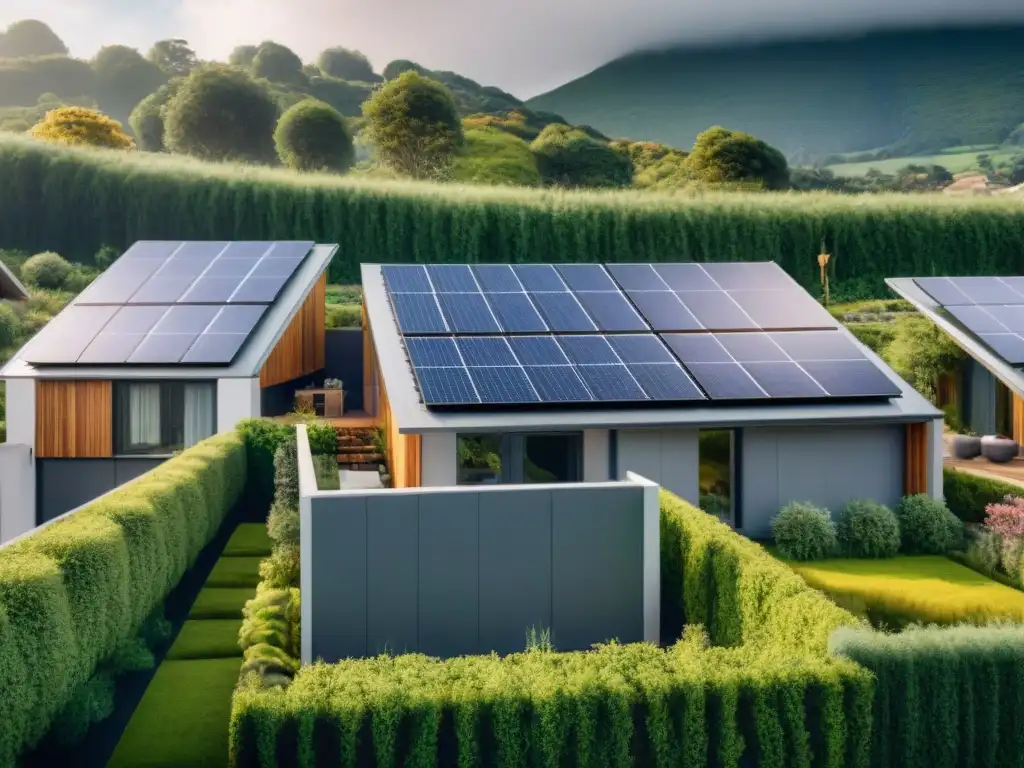 Desarrollo sostenible: armonía entre naturaleza y arquitectura Viviendas sostenibles en armonía con la naturaleza, destacando elementos ecofriendly y familias disfrutando de espacios al aire libre
