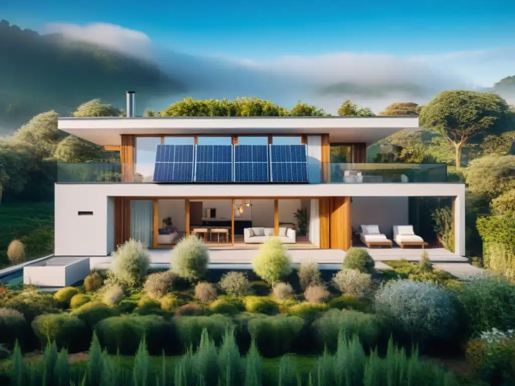 Viviendas sostenibles en armonía con la naturaleza: casa moderna con paneles solares, jardín verde y cielo azul