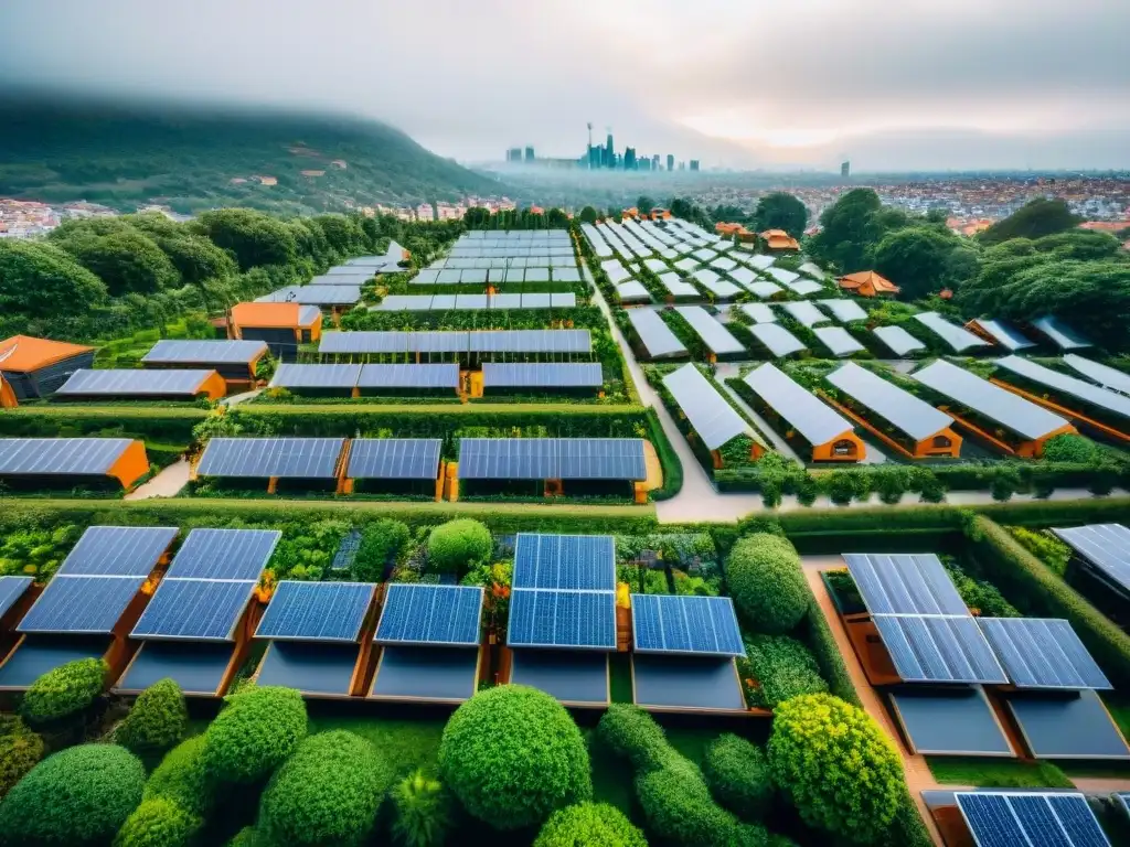 Viviendas sostenibles transformando paisaje urbano con paneles solares y jardines verdes en la ciudad