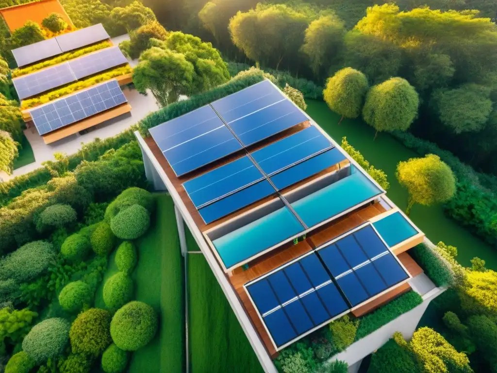 Viviendas sostenibles con tecnologías limpias rodeadas de naturaleza y paneles solares, bañadas por la luz dorada del sol