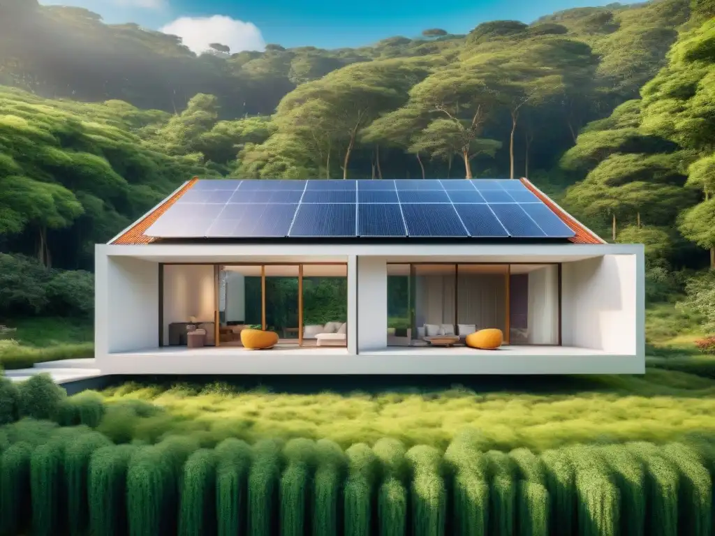 Viviendas sostenibles tendencia mercado: Casa moderna integrada en bosque verde con paneles solares y armonía con la naturaleza