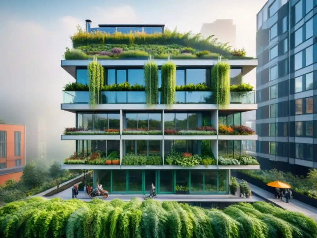 Viviendas verdes sostenibles futuras: Edificio ecológico moderno integrado en la ciudad con paneles solares y jardines verticales