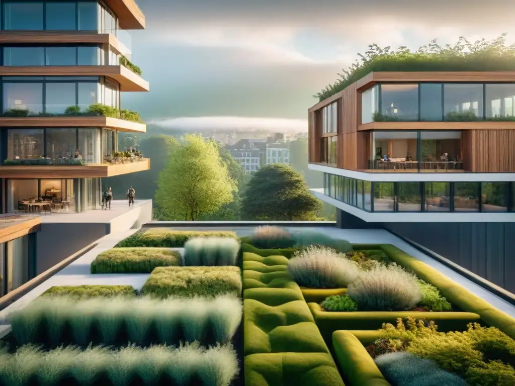 Viviendas verdes sostenibles futuras: edificio moderno integrado en paisaje urbano con diseño innovador y tecnología eco