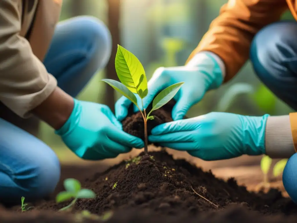 Voluntarios plantando árboles en un bosque, con esperanza y determinación